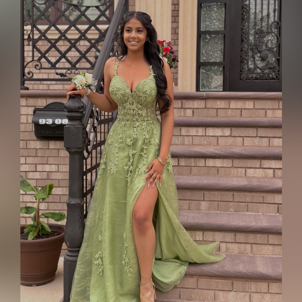 Green Lace Applique Tulle Gown